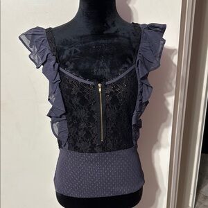 Free People Black and Gray Lace Ruffle Blouse